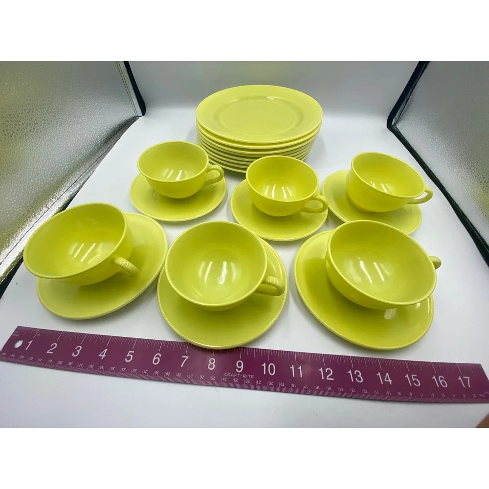 Hazel Atlas Ovide Platonite Neon Yellow Tea Cup + Saucer Set w‎ Plates Set of 6